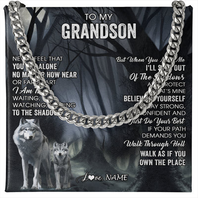 Cuban Link Chain Necklace Stainless Steel | 1 | Personalized To My Grandson Necklace From Grandma Grandpa Never Feel That You Are Alone Wolf Grandson Birthday Gifts Christmas Customized Gift Box Message Card | teecentury