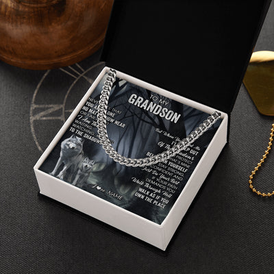 Cuban Link Chain Necklace Stainless Steel | 2 | Personalized To My Grandson Necklace From Grandma Grandpa Never Feel That You Are Alone Wolf Grandson Birthday Gifts Christmas Customized Gift Box Message Card | teecentury