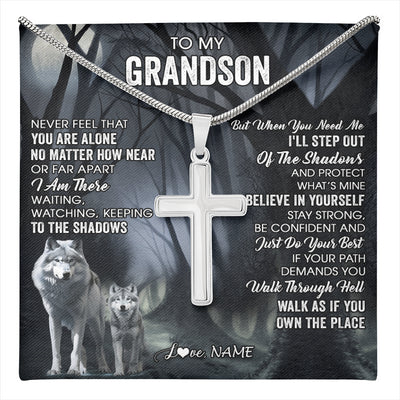 Stainless Cross Necklace Stainless Steel | 1 | Personalized To My Grandson Necklace From Grandma Grandpa Never Feel That You Are Alone Wolf Grandson Birthday Gifts Christmas Customized Gift Box Message Card | teecentury