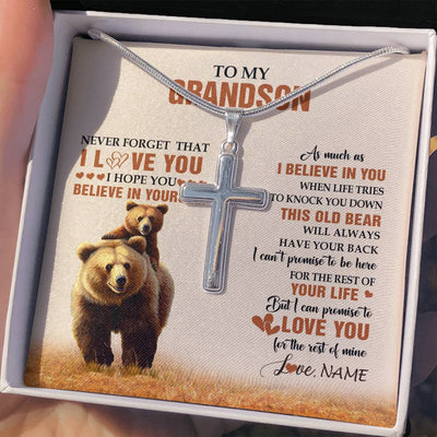 Stainless Cross Necklace Stainless Steel | 2 | Personalized To My Grandson Necklace From Grandma Grandpa This Old Bear Love You Grandson Birthday Gifts Graduation Christmas Customized Gift Box Message Card | teecentury