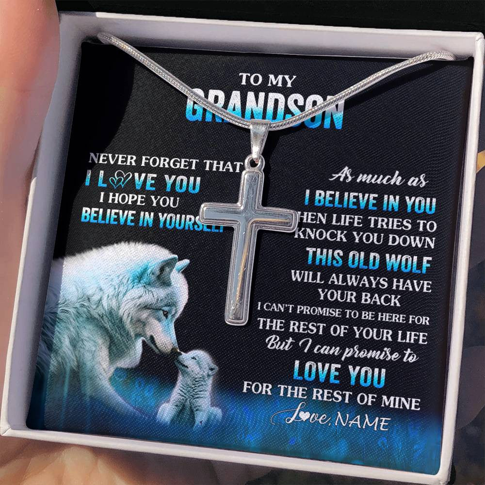 Stainless Cross Necklace Stainless Steel | 2 | Personalized To My Grandson Necklace From Grandma Grandpa This Old Wolf Love Grandson Birthday Gifts Graduation Christmas Customized Gift Box Message Card | teecentury