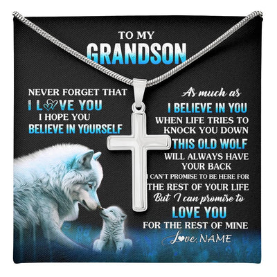 Stainless Cross Necklace Stainless Steel | 1 | Personalized To My Grandson Necklace From Grandma Grandpa This Old Wolf Love Grandson Birthday Gifts Graduation Christmas Customized Gift Box Message Card | teecentury