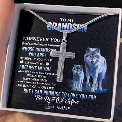 Stainless Cross Necklace Stainless Steel | 2 | Personalized To My Grandson Necklace From Grandma Grandpa Whenever You Feel Wolf Grandson Birthday Gifts Graduation Christmas Customized Gift Box Message Card | teecentury