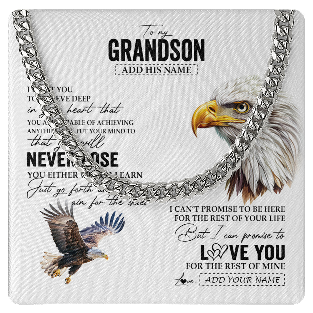 Cuban Link Chain Necklace Stainless Steel | 1 | Personalized To My Grandson Necklace From Grandma Grandpa You Will Never Lose Eagle Grandson Birthday Gifts Graduation Christmas Custom Gift Box Message Card | teecentury