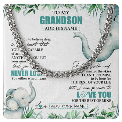 Cuban Link Chain Necklace Stainless Steel | 1 | Personalized To My Grandson Necklace From Grandma Grandpa You Will Never Lose Elephant Grandson Birthday Gifts Graduation Christmas Gift Box Message Card | teecentury