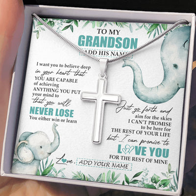 Stainless Cross Necklace Stainless Steel | 2 | Personalized To My Grandson Necklace From Grandma Grandpa You Will Never Lose Elephant Grandson Birthday Gifts Graduation Christmas Gift Box Message Card | teecentury