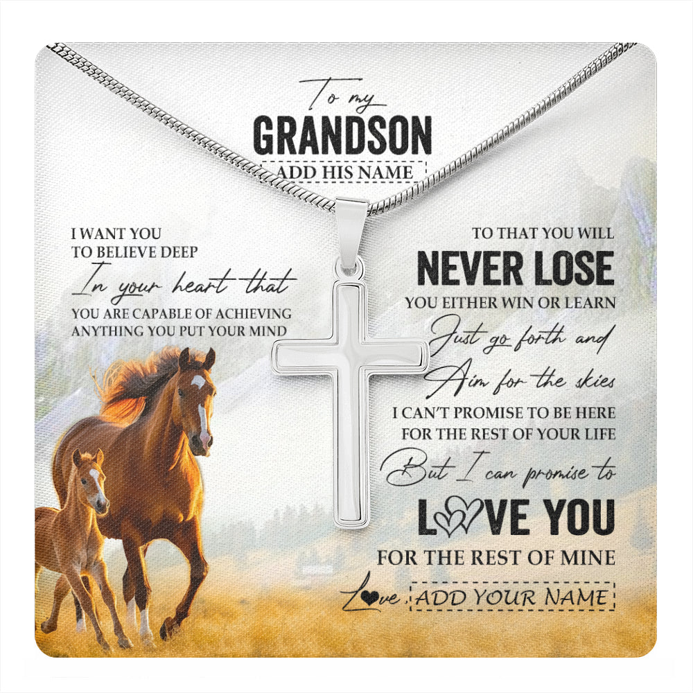 Stainless Cross Necklace Stainless Steel | 1 | Personalized To My Grandson Necklace From Grandma Grandpa You Will Never Lose Horse Grandson Birthday Gifts Graduation Christmas Custom Gift Box Message Card | teecentury