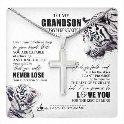 Stainless Cross Necklace Stainless Steel | 1 | Personalized To My Grandson Necklace From Grandma Grandpa You Will Never Lose White Tiger Grandson Birthday Gifts Graduation Christmas Gift Box Message Card | teecentury