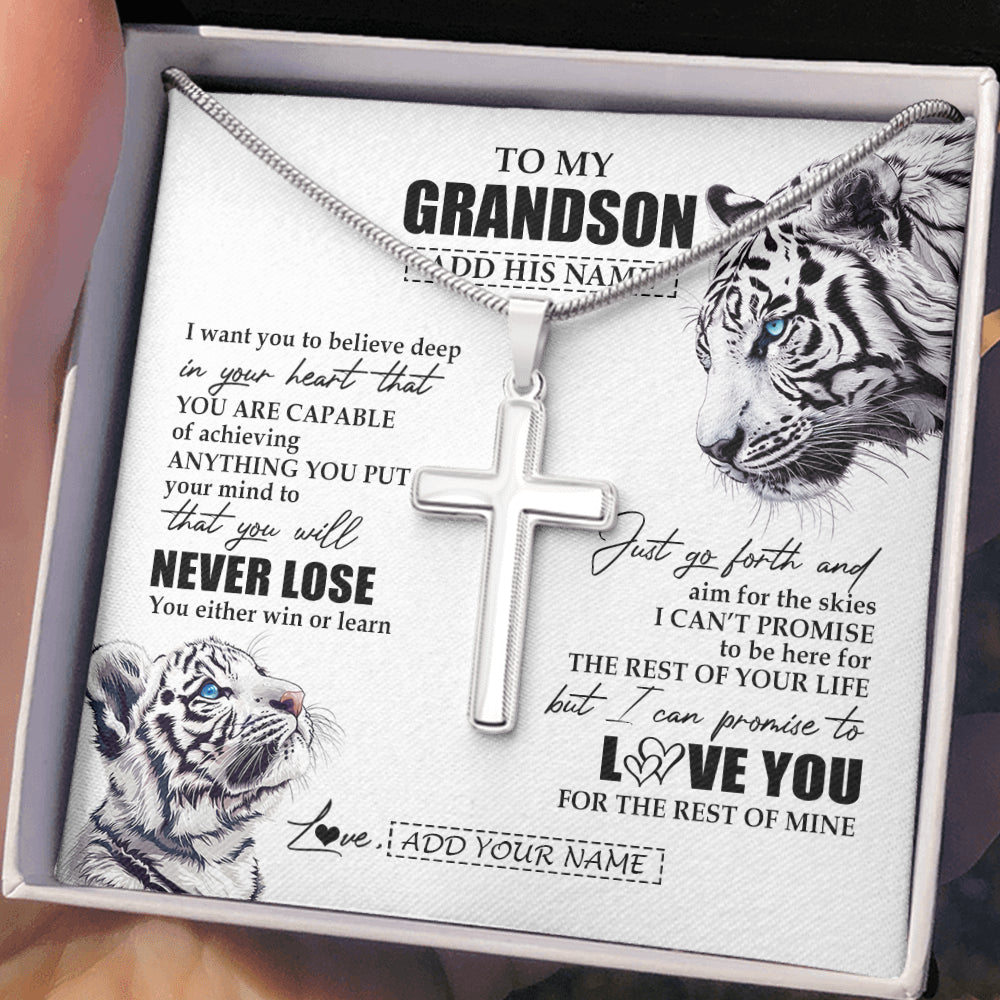 Stainless Cross Necklace Stainless Steel | 2 | Personalized To My Grandson Necklace From Grandma Grandpa You Will Never Lose White Tiger Grandson Birthday Gifts Graduation Christmas Gift Box Message Card | teecentury