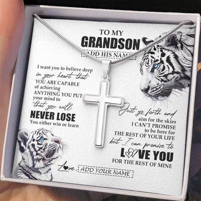 Stainless Cross Necklace Stainless Steel | 2 | Personalized To My Grandson Necklace From Grandma Grandpa You Will Never Lose White Tiger Grandson Birthday Gifts Graduation Christmas Gift Box Message Card | teecentury