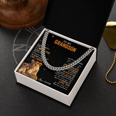 Cuban Link Chain Necklace Stainless Steel | 2 | Personalized To My Grandson Necklace From Grandma Live Laugh Love Lion Grandson Birthday Gifts Positive Graduation Christmas Customized Gift Box Message Card | teecentury