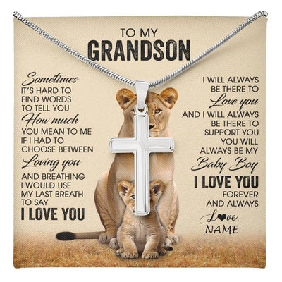 Stainless Cross Necklace Stainless Steel | 1 | Personalized To My Grandson Necklace From Grandma Mimi Sometimes It's Hard Lion Grandson Gift Birthday Jewelry Christmas Customized Gift Box Message Card | teecentury