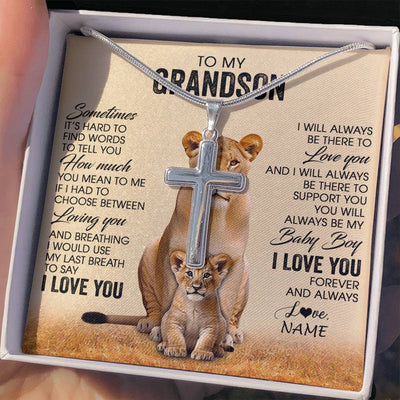 Stainless Cross Necklace Stainless Steel | 2 | Personalized To My Grandson Necklace From Grandma Mimi Sometimes It's Hard Lion Grandson Gift Birthday Jewelry Christmas Customized Gift Box Message Card | teecentury