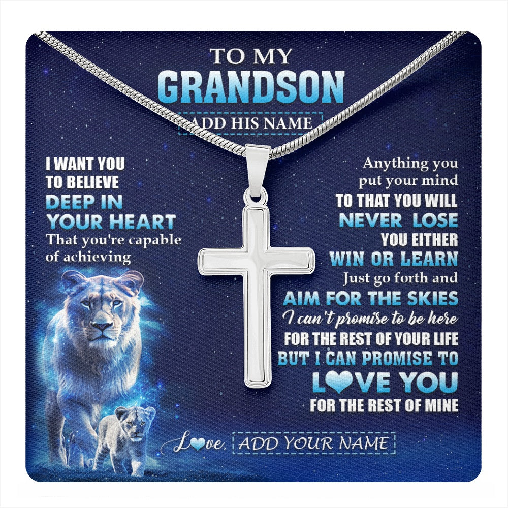 Stainless Cross Necklace Stainless Steel | 1 | Personalized To My Grandson Necklace From Grandma Nana Believe Your Heart Grandson Gift Birthday Graduation Christmas Customized Gift Box Message Card | teecentury.myshopify