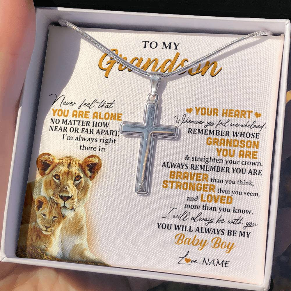 Stainless Cross Necklace Stainless Steel | 2 | Personalized To My Grandson Necklace From Grandma Nana Lion Never Feel That You Are Alone Great Grandson Birthday Christmas Customized Gift Box Message Card | teecentury