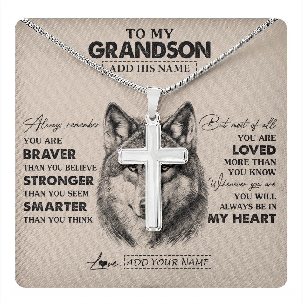 Stainless Cross Necklace Stainless Steel | 1 | Personalized To My Grandson Necklace From Grandma Nana Wolf Braver Stronger Smarter Grandson Birthday Graduation Christmas Customized Gift Box Message Card | teecentury.myshopify
