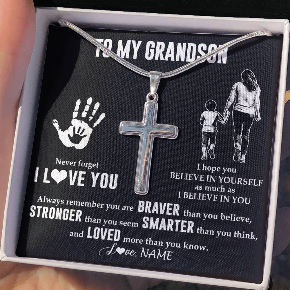Stainless Cross Necklace Stainless Steel | 2 | Personalized To My Grandson Necklace From Grandma Never Forget I Love You Grandson Birthday Gifts Christmas Graduation Customized Gift Box Message Card | teecentury