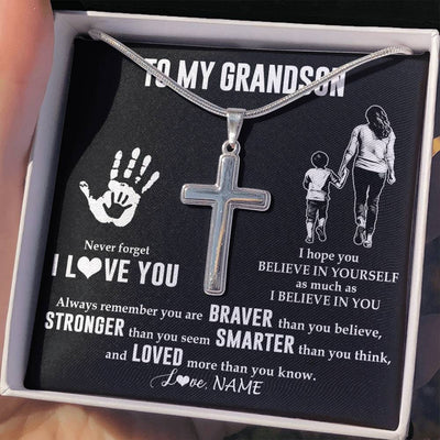 Stainless Cross Necklace Stainless Steel | 2 | Personalized To My Grandson Necklace From Grandma Never Forget I Love You Grandson Birthday Gifts Christmas Graduation Customized Gift Box Message Card | teecentury