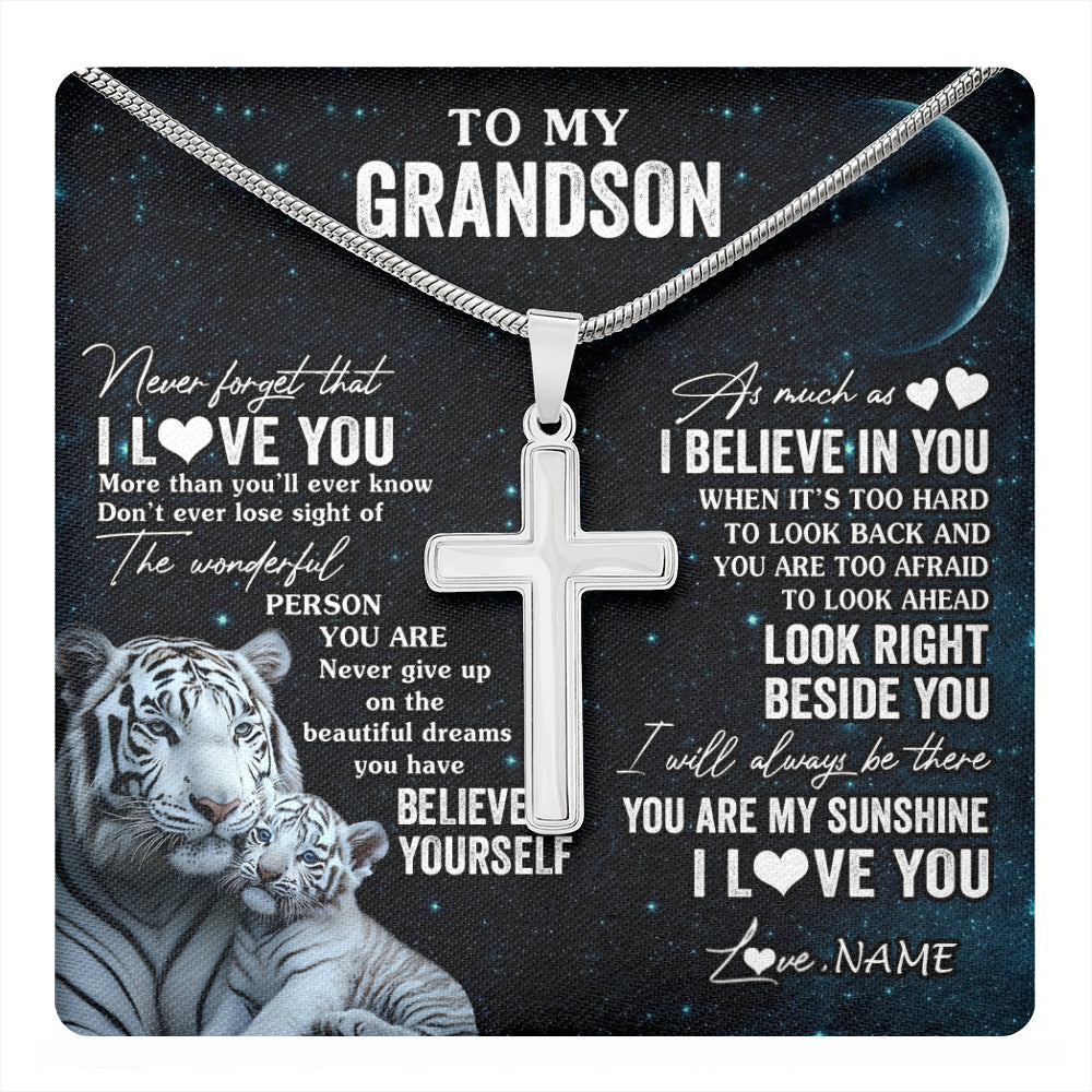 Stainless Cross Necklace Stainless Steel | 1 | Personalized To My Grandson Necklace From Grandma Never Forget I Love You White Tiger Grandson Birthday Graduation Christmas Customized Gift Box Message Card | teecentury
