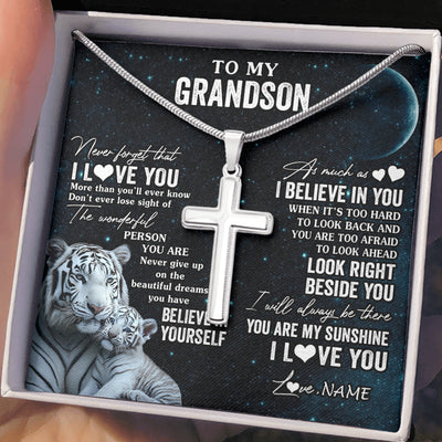 Stainless Cross Necklace Stainless Steel | 2 | Personalized To My Grandson Necklace From Grandma Never Forget I Love You White Tiger Grandson Birthday Graduation Christmas Customized Gift Box Message Card | teecentury