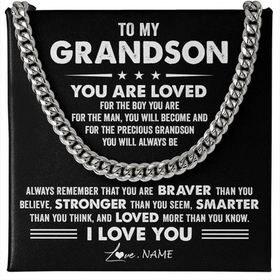 Cuban Link Chain Necklace Stainless Steel | 1 | Personalized To My Grandson Necklace From Grandma Papa Cuban Chain You Are Loved Grandson Birthday Graduation Christmas Customized Gift Box Message Card | teecentury