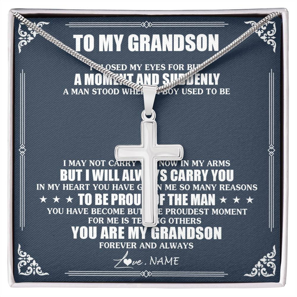 Stainless Cross Necklace Stainless Steel | 1 | Personalized To My Grandson Necklace From Grandma Papa I Close My Eyes Gifts For Grandson Birthday Graduation Christmas Customized Gift Box Message Card | teecentury
