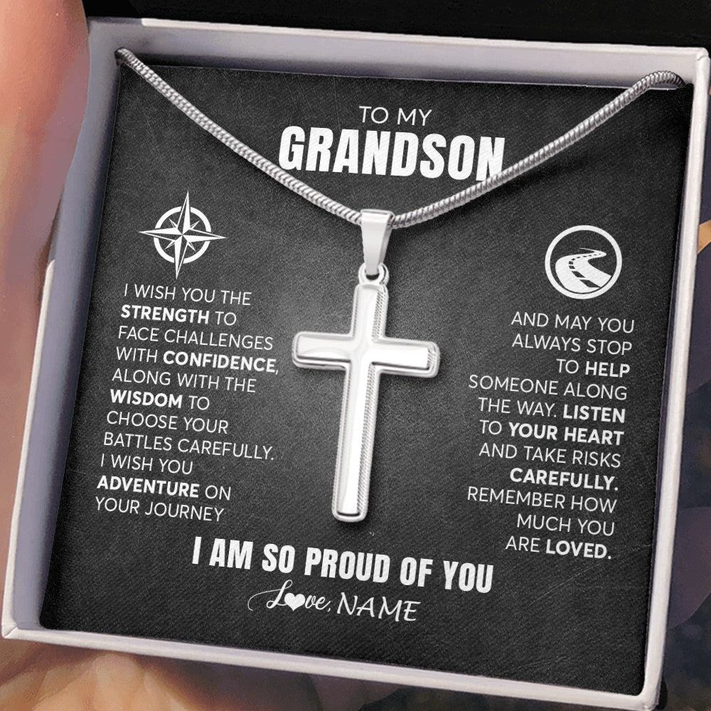 Stainless Cross Necklace Stainless Steel | 2 | Personalized To My Grandson Necklace From Grandma Papa I Wish You The Strength Grandson Birthday Graduation Inspirational Customized Gift Box Message Card | teecentury.myshopify