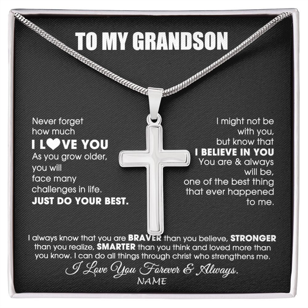 Stainless Cross Necklace | Personalized To My Grandson Necklace From Grandma Papa Smarter Than You Think Grandson Birthday Christmas Customized Gift Box Message Card | teecentury