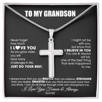 Stainless Cross Necklace | Personalized To My Grandson Necklace From Grandma Papa Smarter Than You Think Grandson Birthday Christmas Customized Gift Box Message Card | teecentury