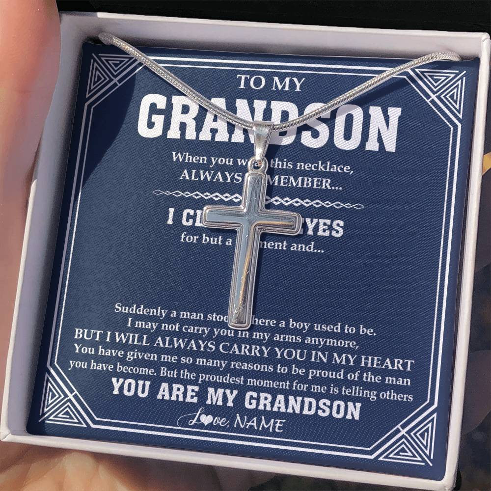 Stainless Cross Necklace Stainless Steel | 2 | Personalized To My Grandson Necklace From Grandma Papa Suddenly A Man Jewelry Grandson Birthday Gifts Graduation Christmas Customized Gift Box Message Card | teecentury