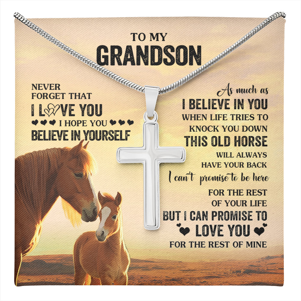 Stainless Cross Necklace Stainless Steel | 1 | Personalized To My Grandson Necklace From Grandma Papa This Old Horse Love You Grandson Birthday Gifts Graduation Christmas Customized Gift Box Message Card | teecentury