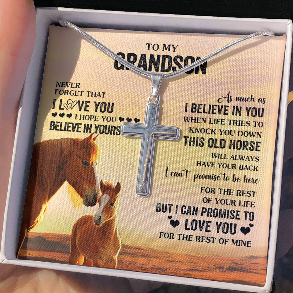 Stainless Cross Necklace Stainless Steel | 2 | Personalized To My Grandson Necklace From Grandma Papa This Old Horse Love You Grandson Birthday Gifts Graduation Christmas Customized Gift Box Message Card | teecentury