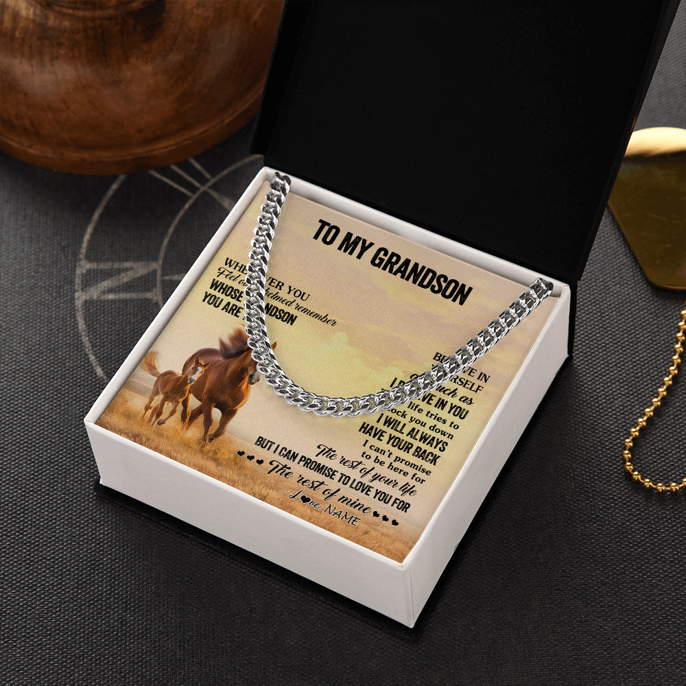 Cuban Link Chain Necklace Stainless Steel | 2 | Personalized To My Grandson Necklace From Grandma Papa Whenever You Feel Horse Grandson Birthday Gifts Graduation Christmas Customized Gift Box Message Card | teecentury