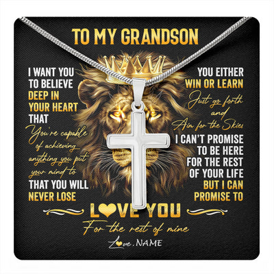Stainless Cross Necklace Stainless Steel | 1 | Personalized To My Grandson Necklace From Grandma Papa You Will Never Lose Lion Grandson Birthday Graduation Christmas Customized Gift Box Message Card | teecentury