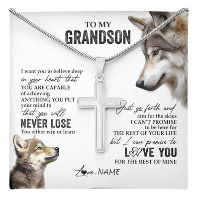 Stainless Cross Necklace Stainless Steel | 1 | Personalized To My Grandson Necklace From Grandma Papa You Will Never Lose Wolf Grandson Birthday Graduation Christmas Customized Gift Box Message Card | teecentury