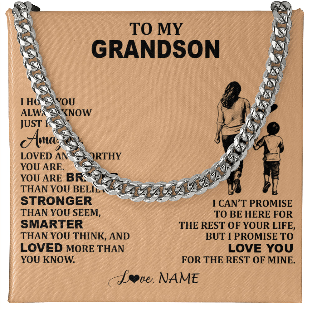 Cuban Link Chain Necklace Stainless Steel | 1 | Personalized To My Grandson Necklace From Grandma Promise To Love You Grandson Birthday Gifts Graduation Christmas Customized Gift Box Message Card | teecentury