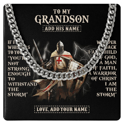 Cuban Link Chain Necklace Stainless Steel | 1 | Personalized To My Grandson Necklace From Grandpa Grandma For Men Warrior Knight Templar I Am The Storm Birthday Christmas Grandson Gift Box Message Card | https://teecentury.