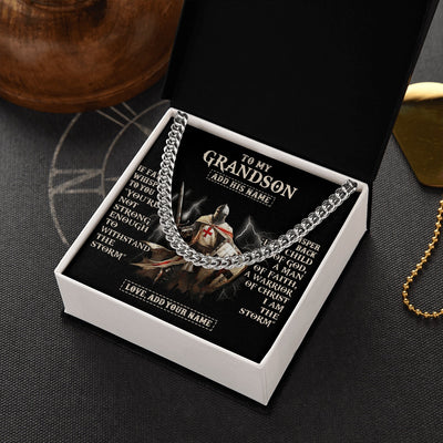 Cuban Link Chain Necklace Stainless Steel | 2 | Personalized To My Grandson Necklace From Grandpa Grandma For Men Warrior Knight Templar I Am The Storm Birthday Christmas Grandson Gift Box Message Card | https://teecentury.