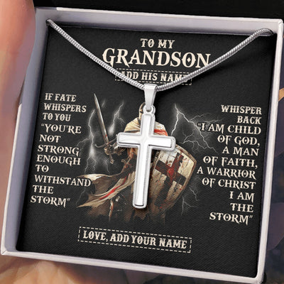 Stainless Cross Necklace Stainless Steel | 2 | Personalized To My Grandson Necklace From Grandpa Grandma For Men Warrior Knight Templar I Am The Storm Birthday Christmas Grandson Gift Box Message Card | https://teecentury.