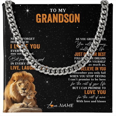 Cuban Link Chain Necklace Stainless Steel | 1 | Personalized To My Grandson Necklace From Grandpa Live Laugh Love Lion Grandson Birthday Gifts Positive Graduation Christmas Customized Gift Box Message Card | teecentury