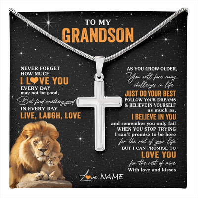 Stainless Cross Necklace Stainless Steel | 1 | Personalized To My Grandson Necklace From Grandpa Live Laugh Love Lion Grandson Birthday Gifts Positive Graduation Christmas Customized Gift Box Message Card | teecentury