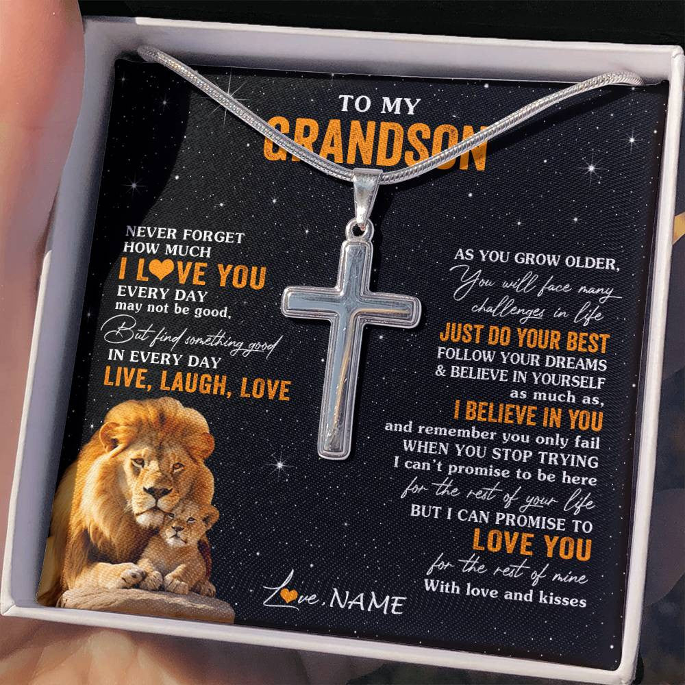 Stainless Cross Necklace Stainless Steel | 2 | Personalized To My Grandson Necklace From Grandpa Live Laugh Love Lion Grandson Birthday Gifts Positive Graduation Christmas Customized Gift Box Message Card | teecentury