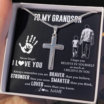 Stainless Cross Necklace Stainless Steel | 2 | Personalized To My Grandson Necklace From Grandpa Never Forget I Love You Grandson Birthday Gifts Christmas Graduation Customized Gift Box Message Card | teecentury