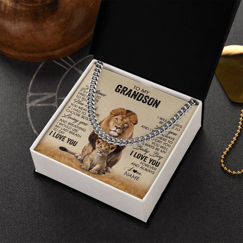 Cuban Link Chain Necklace Stainless Steel | 2 | Personalized To My Grandson Necklace From Grandpa Papa Sometimes It's Hard Lion Grandson Gift Birthday Jewelry Christmas Customized Gift Box Message Card | teecentury