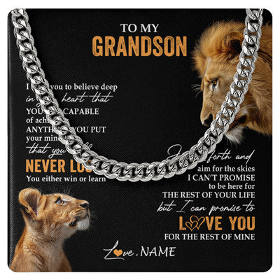 Cuban Link Chain Necklace Stainless Steel | 1 | Personalized To My Grandson Necklace From Papa Grandpa You Will Never Lose Lion Grandson Birthday Gifts Graduation Christmas Customized Gift Box Message Card | teecentury