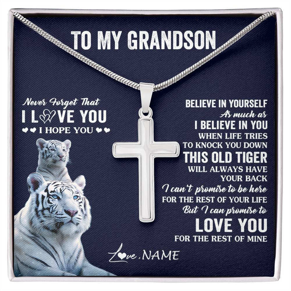 Stainless Cross Necklace Stainless Steel | 1 | Personalized To My Grandson Necklace Gift From Grandma Papa This Old Tiger Love You Grandson Birthday Graduation Christmas Customized Gift Box Message Card | teecentury