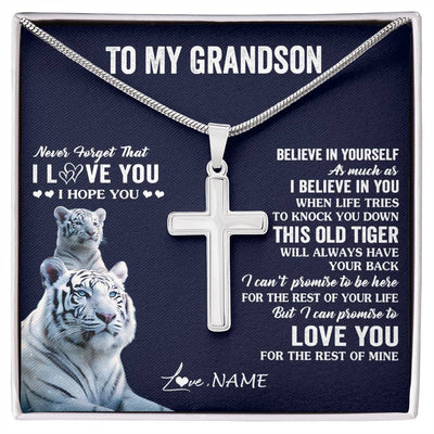 Stainless Cross Necklace Stainless Steel | 1 | Personalized To My Grandson Necklace Gift From Grandma Papa This Old Tiger Love You Grandson Birthday Graduation Christmas Customized Gift Box Message Card | teecentury