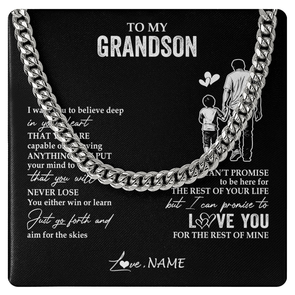Cuban Link Chain Necklace Stainless Steel | 1 | Personalized To My Grandson Necklace You Will Never Lose From Papa Grandpa Grandson Birthday Gifts Graduation Christmas Customized Gift Box Message Card | teecentury