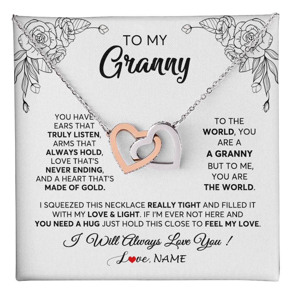 Interlocking Hearts Necklace Stainless Steel & Rose Gold Finish | 1 | Personalized To My Granny Necklace From Grandkids Granddaughter Hold This Close Feel My Love Granny Birthday Mothers Day Customized Gift Box Message Card | teecentury