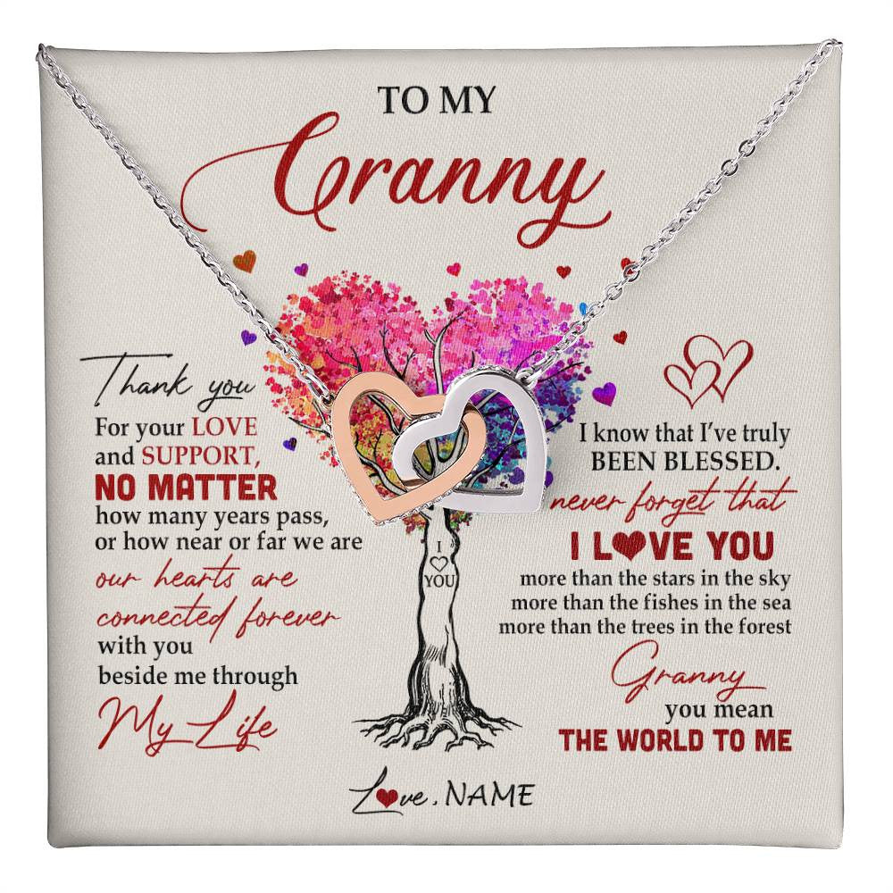 Interlocking Hearts Necklace Stainless Steel & Rose Gold Finish | 1 | Personalized To My Granny Necklace From Grandkids Never Forget That I Love You You Mean The World Granny Birthday Mothers Day Customized Gift Box Message Card | teecentury